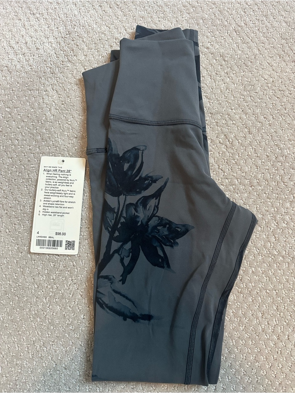 Lululemon Align HR 28” Slate Gray Leggings with Black Floral Accent